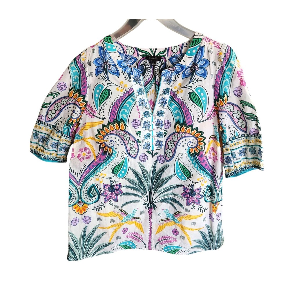 Talbots Popover Top V-Neck Bird & Palms Tropical Print Cotton Womens Size Small